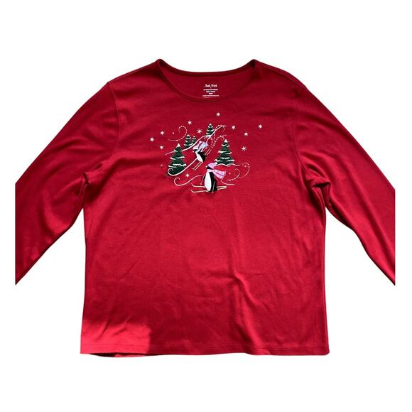Studio Works Embroidered Beaded Red Cotton Penguin Holiday Top Large Winter Cozy - Picture 1 of 5